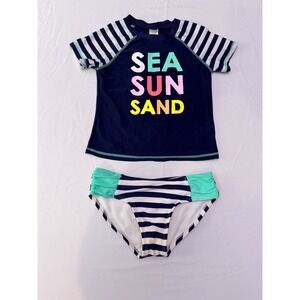 Cat & Jack Kids Sea Sun Sand Rash Guard Swimsuit Set Navy Blue Stripe Size M 7/8